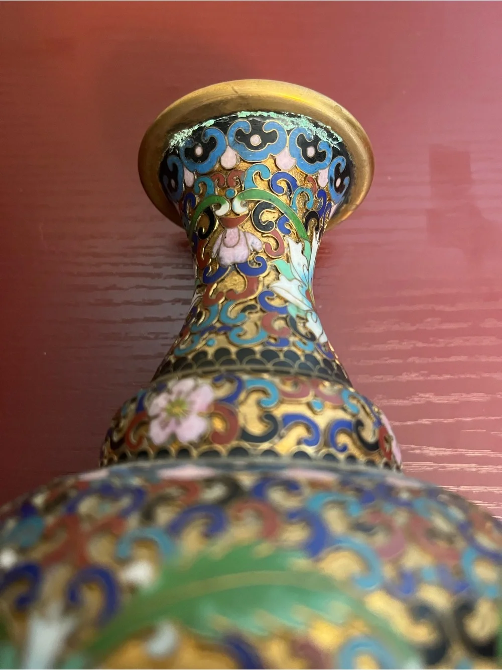 Vintage Chinese Cloisonné 6-Inch Brass Vase Intricate Lotus Flower & Swirl Motif